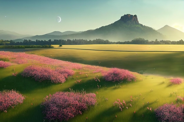 Feld mit grünen Grasbäumen, blühenden Kräutern und Hügeln am Horizont am Morgen mit einem Halbmond am Himmel 3D-Darstellung