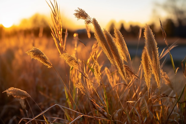 Feld mit hohem Gras, hinter dem die Sonne untergeht