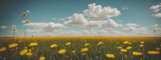 Feld mit Löwenzahn und blauem Himmel