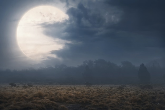 Feld mit Nebel und dunklen Wolken