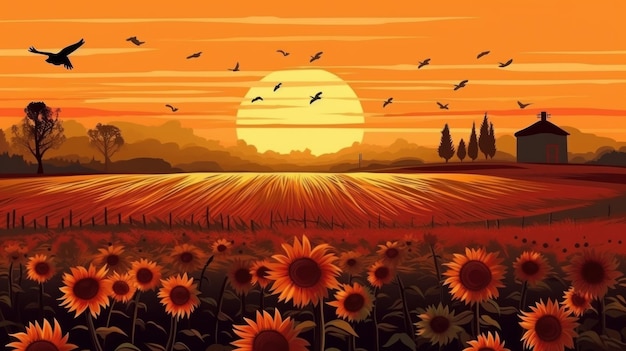 Feld mit Sonnenblumengarten bei Sonnenuntergang generative KI