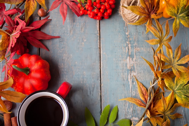 Feld mit Tasse Kaffee mit Herbstlaub und kleinen Kürbisen