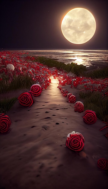 Feld roter Rosen mit Vollmond im Hintergrund generative KI