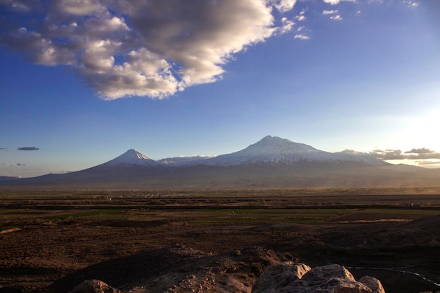 Feld und Berg Ararat am Abend