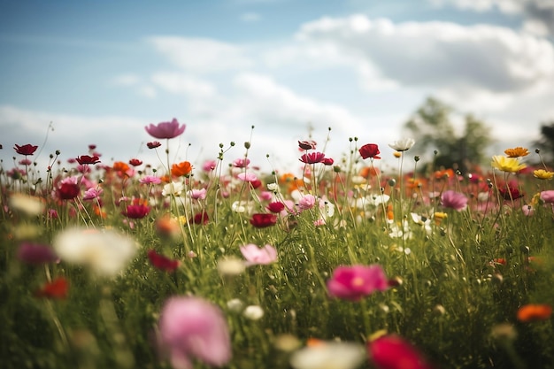 Feld voller bunter Blumen unter einem bewölkten Himmel