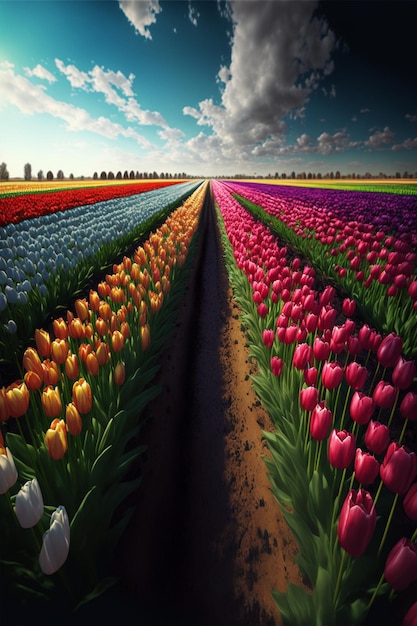 Feld voller bunter Tulpen unter einem generativen ai des bewölkten Himmels