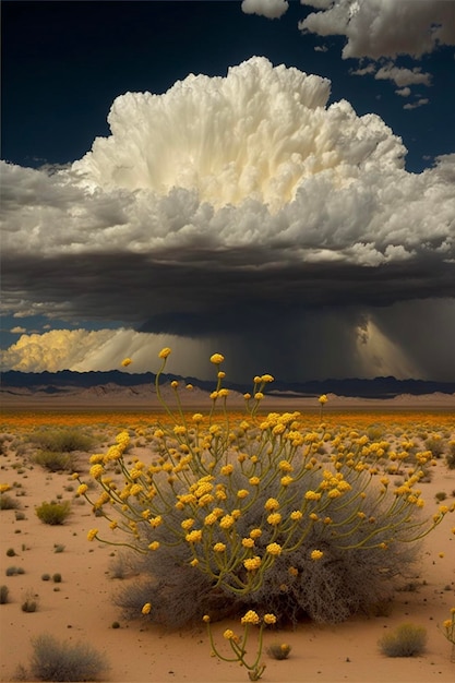 Feld voller gelber Blumen unter einem bewölkten Himmel, generative KI