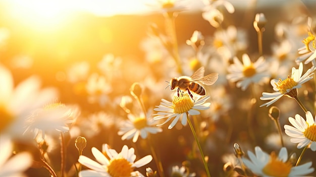 Feld voller weißer Gänseblümchen mit darüber fliegender Biene