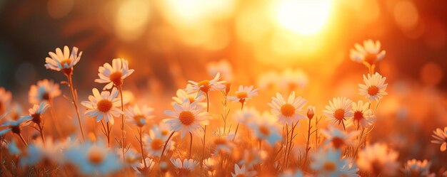 Feld von blühenden Gänseblümchen bei Sonnenuntergang Natur Hintergrund schöne Beleuchtung