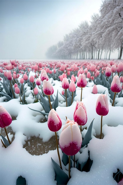 Feld von rosafarbenen Tulpen bedeckt im Schnee generatives ai