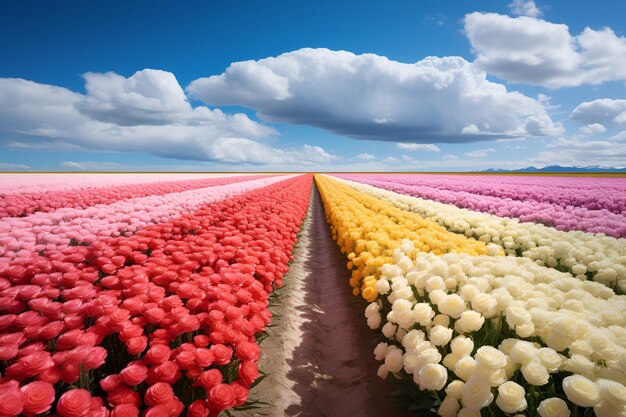 Foto felder mit blühenden bunten tulpen, bunte blumenfelder, die von ki generiert wurden.