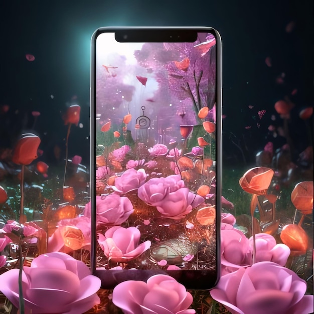 Felder mit roten und rosa Blumen Smartphone-Bildschirm mit Kamera auf Blütenblumen ein Symbol des Frühlings neues Leben