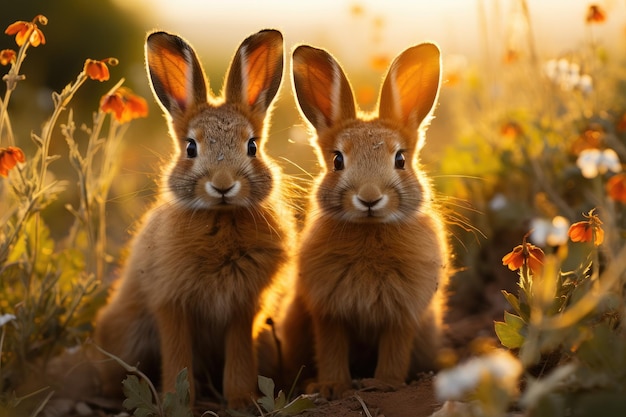 Feldhasen Lepus europaeus auf einer Frühlingswiese Zwei wilde Tiere stehen auf einer wunderschönen Wiese