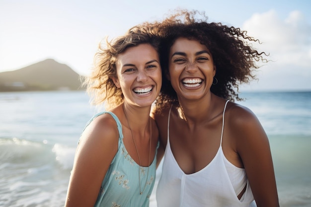 Felices amigas de pie en el agua de la playa