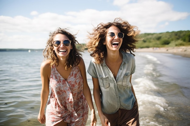 Felices amigas de pie en el agua de la playa