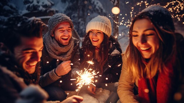 Felices amigos con chispas celebran la Navidad