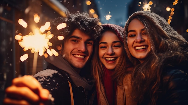 Foto felices amigos con las chispas de navidad divertida fiesta de invierno navidad fiestas de la gente