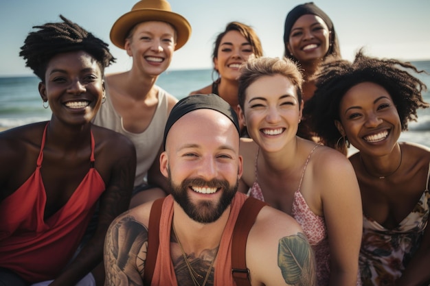 Felices amigos diversos tomando selfie en smartphone en la playa generativa ai