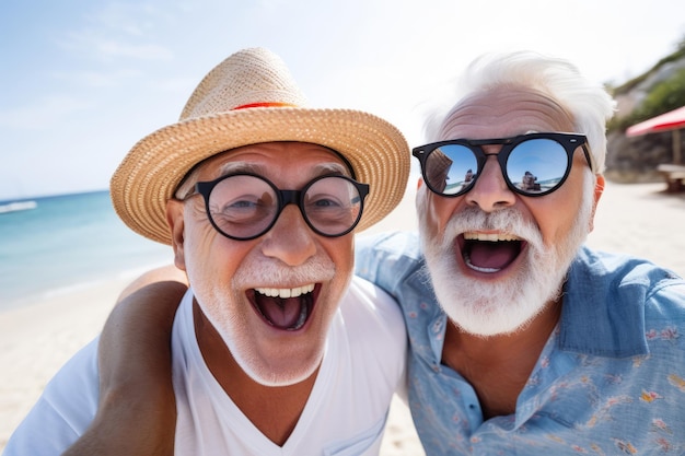 Felices amigos mayores riendo y divirtiéndose en vacaciones