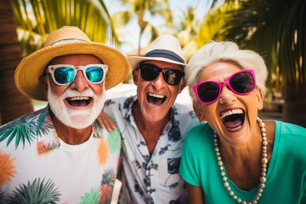 Felices amigos mayores riendo y divirtiéndose en vacaciones