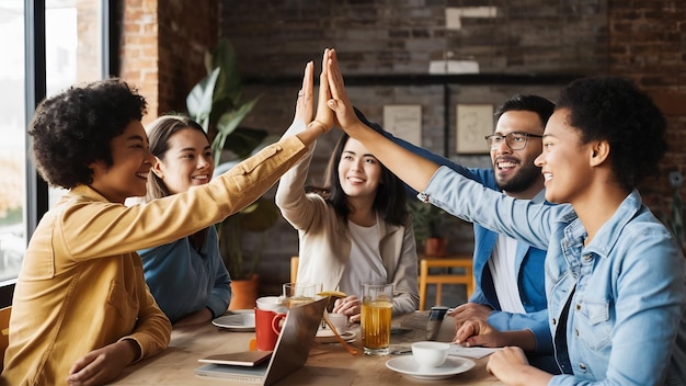 Foto felices amigos multirraciales en el café dando el alto cinco en la reunión en el café