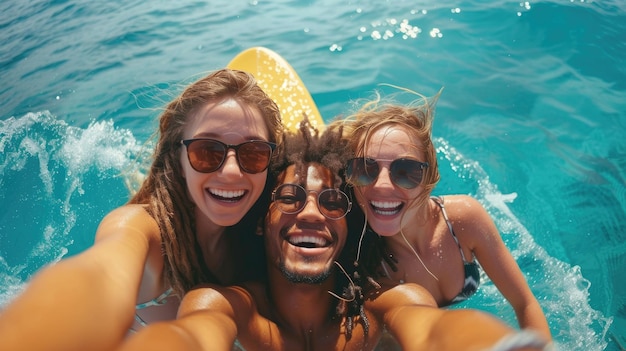Felices amigos de surf se están tomando selfies en el mar con el mar azul borroso en el fondo AI generativa