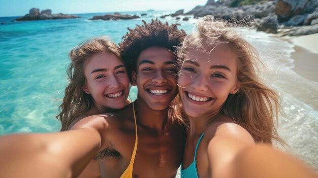 Felices amigos de surf se están tomando selfies en el mar con el mar azul borroso en el fondo AI generativa