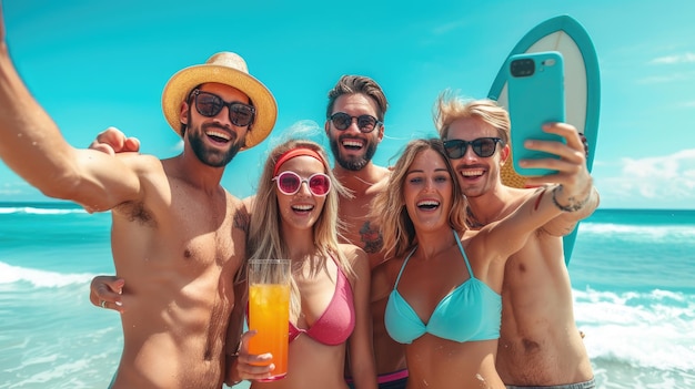 Felices amigos de surf se están tomando selfies en el mar con el mar azul borroso en el fondo AI generativa