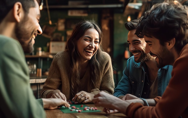 Foto felices chicos hipsters multiculturales jugando en el juego sentados en la mesa ia generativa