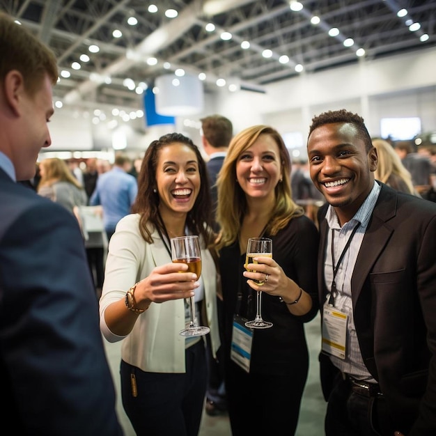 Foto felices colegas de negocios disfrutando de bebidas durante un evento en el centro de convenciones