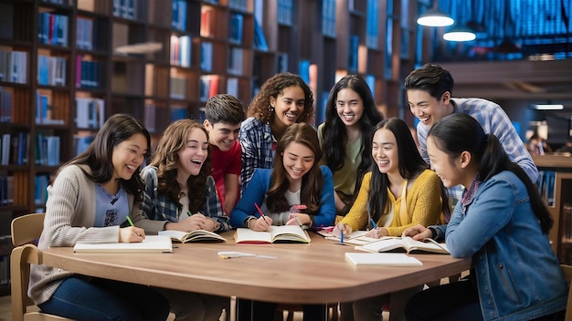 Felices compañeros de clase en la mesa de la biblioteca