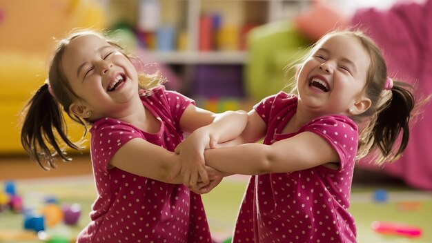 Foto felices y divertidas hermanas gemelas jugando y riendo