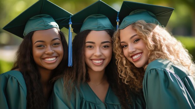 Foto felices estudiantes graduados sonrientes amigos en trajes académicos de pie frente a la universidad