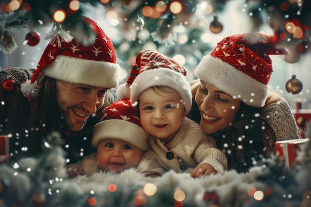 Felices fiestas diversión en familia con gemelos cerca del árbol de Navidad