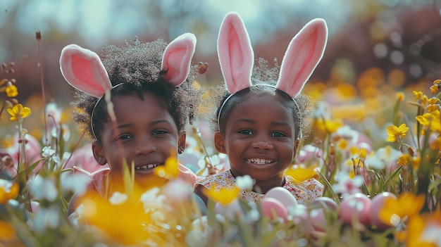 Felices hermanas negras vestidas de conejitos para Pascua y yendo a cazar huevos juntas Generative Ai