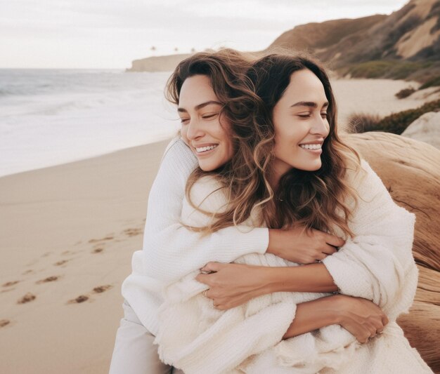 Felices y hermosas lesbianas caucásicas envueltas en mantas en la playa generadas por la IA