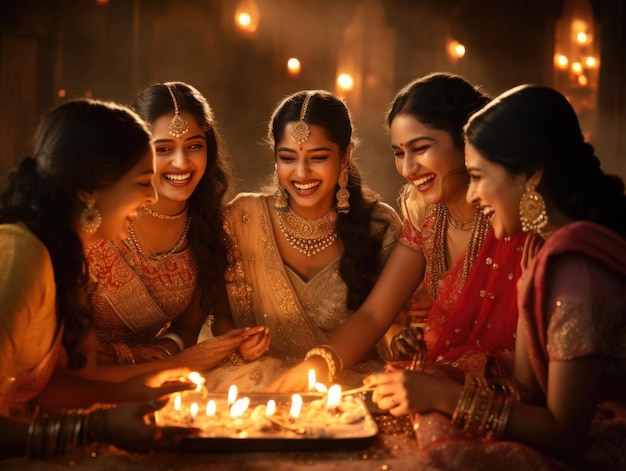 Felices hermosas mujeres indias en vestido sarre diwali