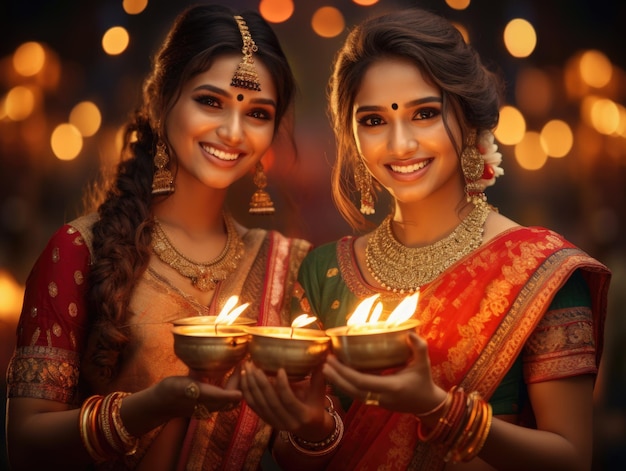 Felices hermosas mujeres indias en vestido sarre diwali