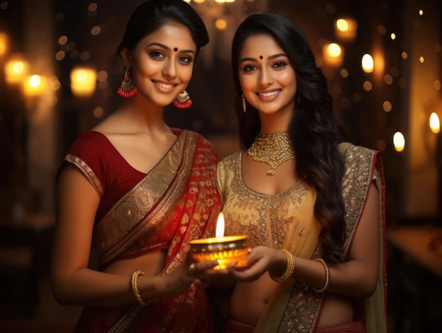 Felices hermosas mujeres indias en vestido sarre foto cinematográfica de diwali