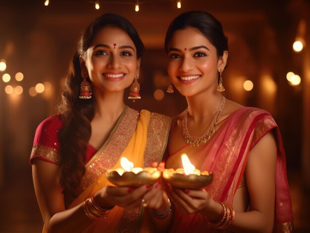 Felices hermosas mujeres indias en vestido sarre foto cinematográfica de diwali