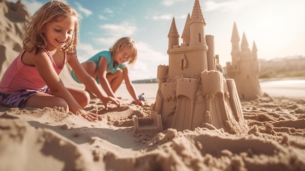 Felices y hermosos niños blancos construyendo castillos de arena en la playa generados por IA