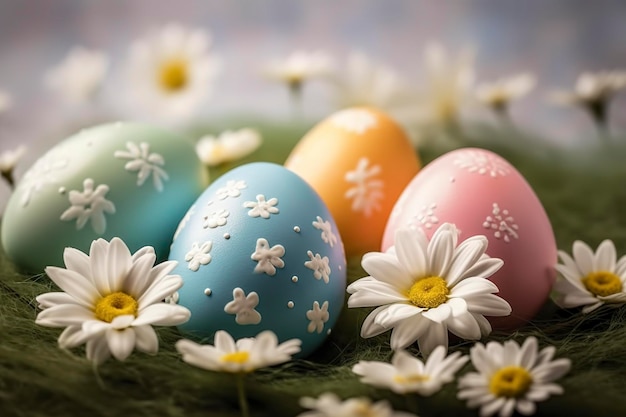 Felices huevos de pascua con decoración floral Generative Ai