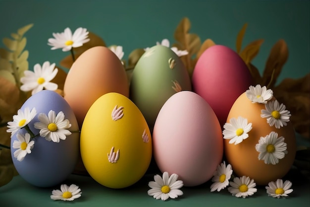 Felices huevos de pascua con decoración floral Generative Ai