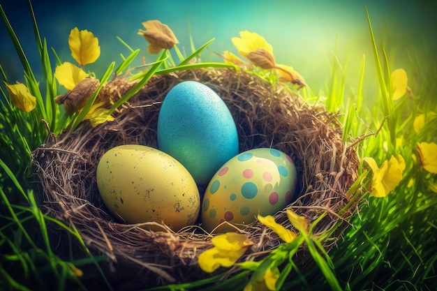 Felices huevos de Pascua en un nido en un soleado día de primavera Decoración de Pascua en segundo plano AI generativa