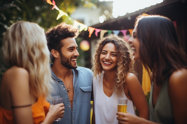 Felices mejores amigos teniendo una fiesta en el patio trasero IA generativa