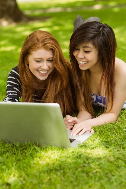 Felices mujeres relajadas usando laptop en el parque