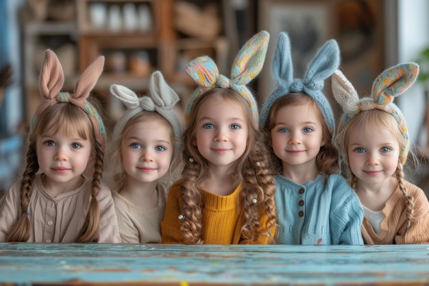 Felices niños en Pascua Cuatro niñas con orejas de conejo en la cabeza