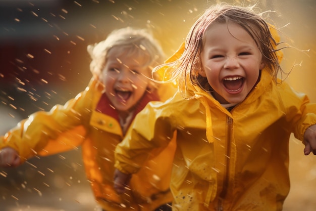 Foto felices niños sonrientes con impermeables amarillos y botas de lluvia corriendo en un charco un paseo de otoño