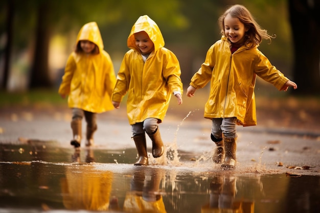 Felices niños sonrientes con impermeables amarillos y botas de lluvia corriendo en un charco un paseo de otoño