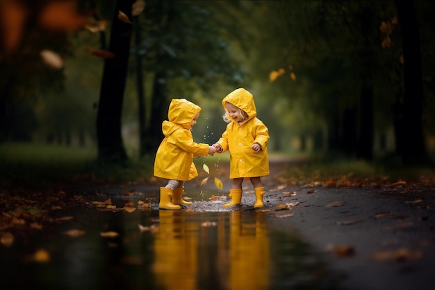 Foto felices niños sonrientes con impermeables amarillos y botas de lluvia corriendo en un charco un paseo de otoño